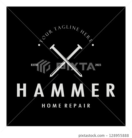 retro vintage crossed hammer and nail logo for home repair services, carpentry, badges, builders, woodworking, construction, vector 128955888