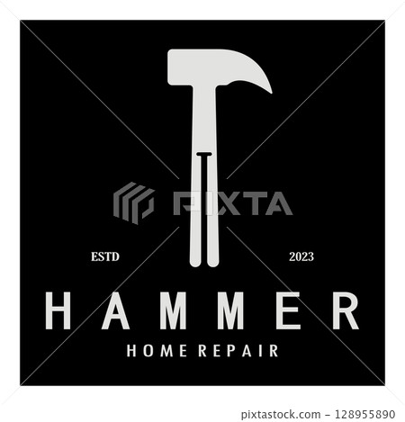 retro vintage crossed hammer and nail logo for home repair services, carpentry, badges, builders, woodworking, construction, vector retro vintage crossed hammer and nail logo for home repair services, carpentry, badges, builders, woodworking, construction, vector 128955890