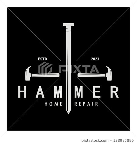 retro vintage crossed hammer and nail logo for home repair services, carpentry, badges, builders, woodworking, construction, vector 128955896