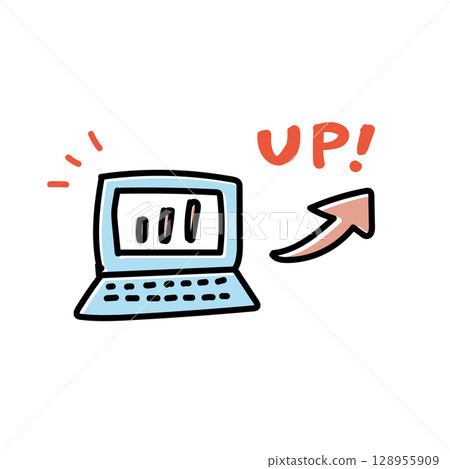 A hand-drawn illustration of a computer and arrows showing growth and improved results | A pop illustration that can be used for data improvement and business progress 128955909