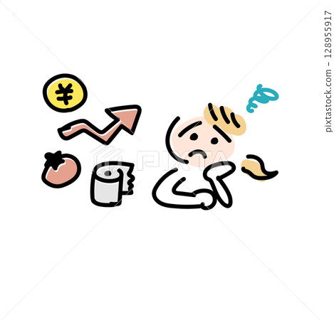 Illustration of a woman troubled by rising prices | Economic icon-style material expressing inflation, living expenses, and household worries 128955917
