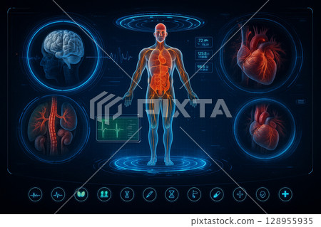 AI generated ultra realistic digital scene of a full body anatomical scan interface in a sci fi medical control hub with glowing data rings and biological system displays AI generated ultra realistic digital scene of a full body anatomical scan interface in a sci fi medical control hub with glowing data rings and biological system displays 128955935