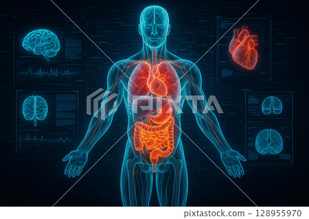 AI generated ultra detailed image of male body showing internal organs in glowing colors with futuristic medical HUD interface on dark digital background 128955970