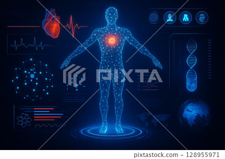 AI generated digital body scan interface with glowing data charts futuristic design and blue neon biometric diagnostics system in sci fi style 128955971