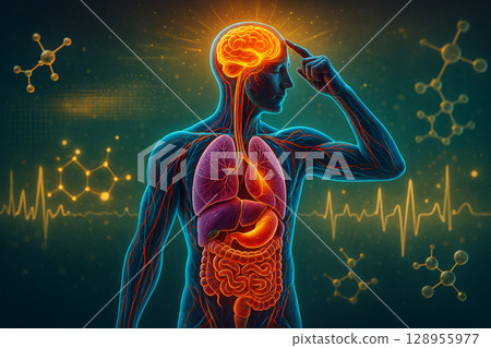 AI generated futuristic medical illustration showing internal organs and glowing brain activity representing intelligence and biological connections in digital style AI generated futuristic medical illustration showing internal organs and glowing brain activity representing intelligence and biological connections in digital style 128955977