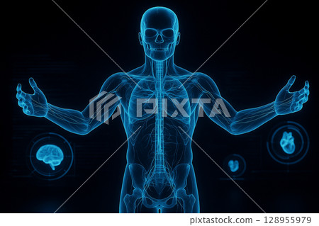 AI generated futuristic holographic male body scan with glowing blue interface showing internal systems in a sci fi health analysis setting 128955979