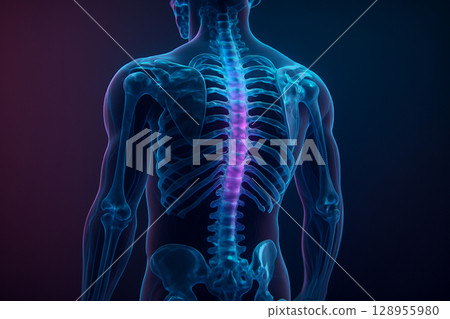 AI generated ultra detailed sci fi rendering of human spine from back angle with glowing ribcage and digital anatomy in neon blue purple tones over dark gradient background 128955980