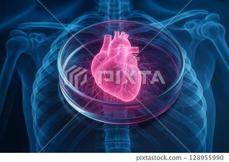 AI generated futuristic biomedical image showing a glowing pink holographic heart placed in a petri dish over a transparent xray of the human chest symbolizing science research and synthetic life 128955990