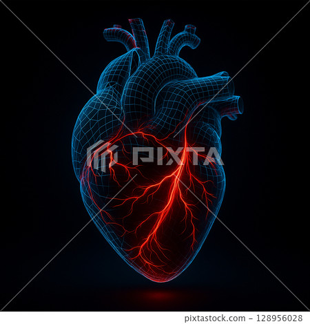 AI generated sci-fi heart visualized with glowing red and blue energy lines on black background expressing bioenergy precision and futuristic medical data flow 128956028