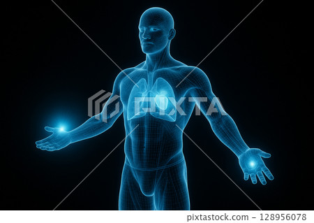 AI generated ultra detailed blue hologram of human body with visible organs and glowing palm over dark background for futuristic healthcare concept 128956078