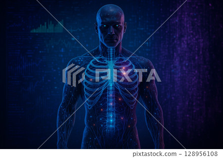 AI generated ultra realistic sci fi anatomy artwork showing digital human skeleton and nervous system with glowing data points and holographic codes in a futuristic medical setting 128956108