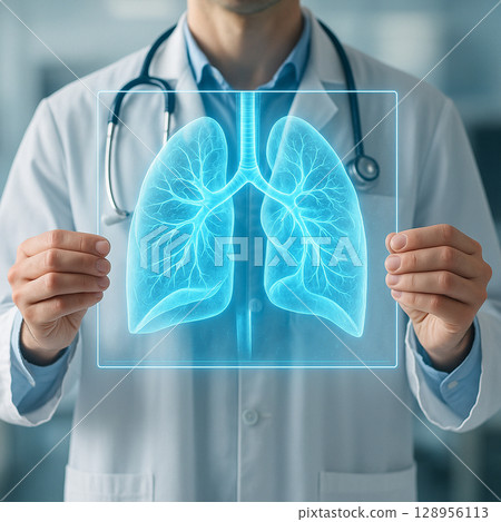 AI generated ultra realistic holographic lung scan held by medical professional in clean clinical setting symbolizing future diagnosis precision and healthcare technology 128956113