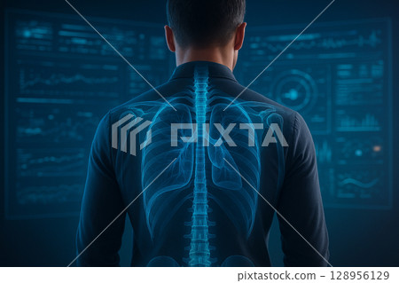 AI generated ultra realistic scan view showing glowing spine and transparent lungs on a male back under advanced medical interface and futuristic blue HUD lighting 128956129
