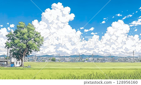 Suburban rural landscape, summer sky and cumulonimbus clouds 128956160