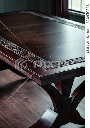 Wooden table with a carved design on the top 128956268