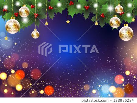 Christmas background, horizontal, holly, illumination, cute, illustration 128956284