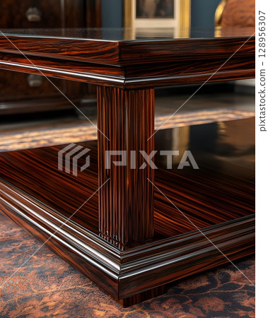 Dark wooden coffee table with a brown base and a black top 128956307