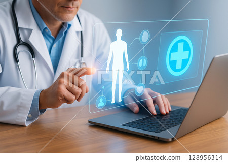 AI generated futuristic doctor using laptop with glowing medical hologram interface to analyze patient data in real time in clean high tech environment AI generated futuristic doctor using laptop with glowing medical hologram interface to analyze patient data in real time in clean high tech environment 128956314