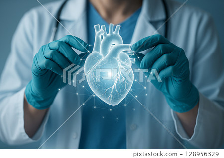 AI generated futuristic holographic human heart held by gloved doctor hands symbolizing advanced medical technology precision empathy and scientific innovation in healthcare environment 128956329