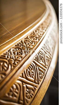 Wooden table with a carved design on the edge 128956376