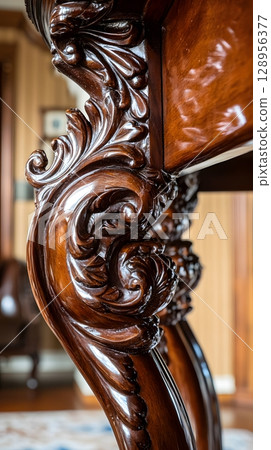 Wooden table with a carved leg and a gold leaf design 128956377