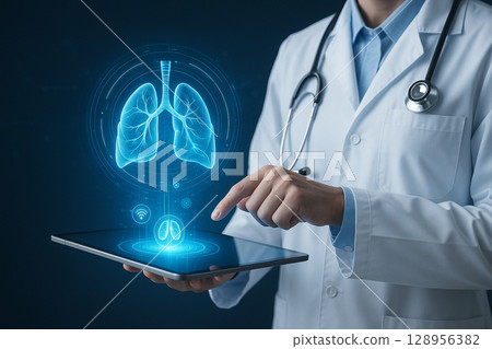AI generated futuristic medical scene with doctor using tablet to analyze respiratory system via glowing lung hologram in clean high tech environment 128956382