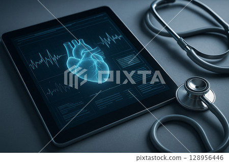 AI generated image of a glowing blue heart with ECG waveform on a tablet screen beside a stethoscope showing futuristic digital health monitoring concept 128956446