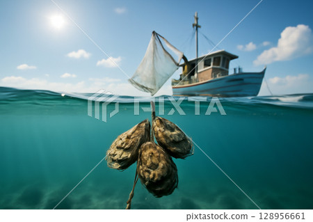 AI generated image of an underwater oyster farm with clear water. Oysters are hanging on a rope while a fisherman casts his net from a boat under a bright sunny sky. The peaceful scene 128956661