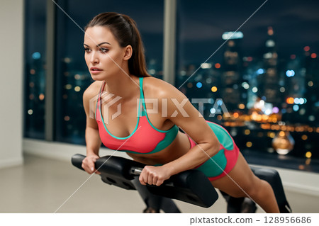 AI generated image of a fit woman performing a back extension on a hyperextension bench in a modern gym at night. The vibrant city lights provide a stunning bokeh backdrop while she focuses 128956686