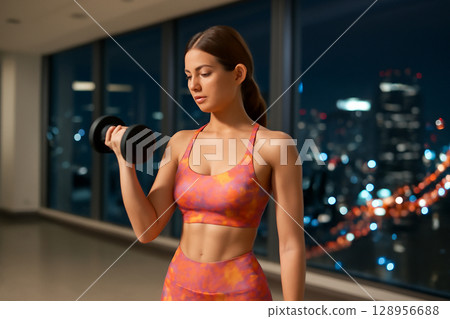 AI generated image of a fit woman exercising in a stylish gym at night with a city skyline. The image captures strength, determination, and modern energy with a focus on bicep curls and vibrant 128956688