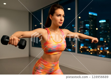 AI generated image of a woman working out with dumbbells in a bright and spacious gym. The vibrant city lights of a modern skyline provide the backdrop as she focuses on strengthening her shoulders. 128956689