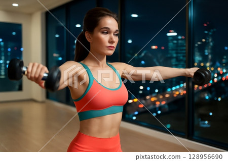 AI generated fitness image of a woman working out with dumbbells in a modern gym, with a beautiful night city backdrop. Vibrant athletic wear, strong posture, and focus on lateral deltoid exercise. 128956690