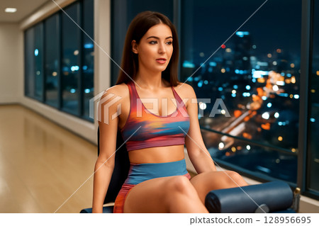 AI generated high-resolution image of a woman in vibrant workout clothes performing leg extension exercise in a modern gym with a cityscape backdrop at night. The image conveys strength, focus 128956695