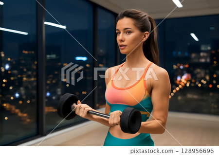AI generated A strong woman lifting weights in a modern gym with a cityscape view at night. The image captures focus, strength, and energy, highlighting athleticism and determination 128956696
