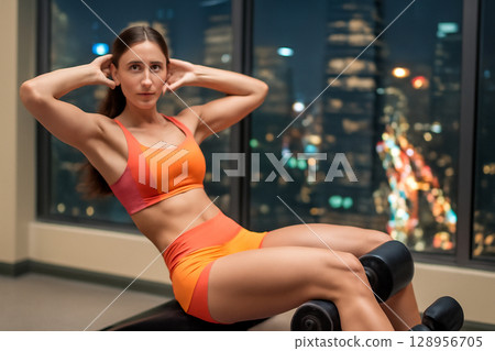 AI generated a stunning fitness scene of a young woman working out in a modern gym with a view of a vibrant city at night. The image captures determination, strength, and focus in a sleek, clean 128956705
