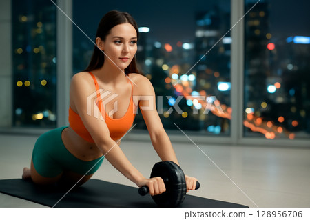 AI generated image of a fit woman performing an ab-wheel rollout in a spacious gym with a city skyline at night. The image captures focus, strength, modern lifestyle in a bright, clean environment. AI generated image of a fit woman performing an ab-wheel rollout in a spacious gym with a city skyline at night. The image captures focus, strength, modern lifestyle in a bright, clean environment. 128956706