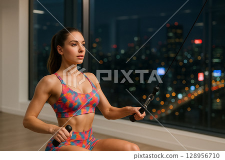 AI generated fitness woman training upper back at night in modern gym with city lights background clean bright space calm focus mood 128956710