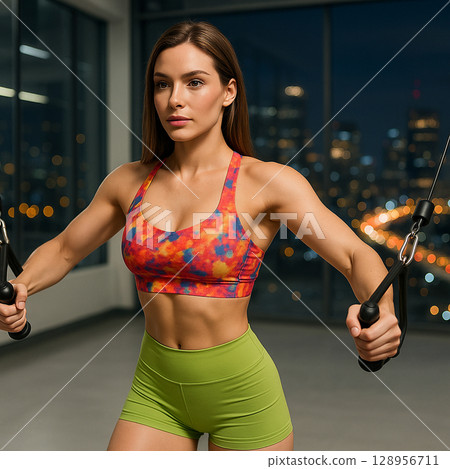 AI generated fitness model doing chest fly workout in clean modern gym with night city lights background focusing on strength beauty and motivation 128956711