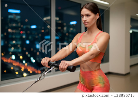 AI generated A young fit woman with vibrant workout clothes exercises in a modern gym with a stunning cityscape at night. Her focus and dedication shine through her movements and surroundings 128956713