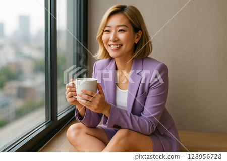 AI generated image of a smiling Asian woman in bright suit sitting by window with coffee natural light bokeh city view expressing warmth elegance and calm morning vibes 128956728
