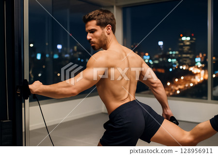 AI generated A fit muscular man working out his glutes in a spacious gym with a stunning city skyline at night. Clean and modern ambiance with soft lighting highlighting the exercise. 128956911