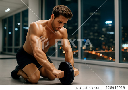 AI generated image of a muscular man training his deep abdominal muscles with an ab roller at night in a modern gym. City lights outside sleek interiors add a vibrant contrast to his focused effort. 128956919
