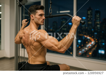 AI generated muscular man exercising teres muscle in modern night gym with city lights bokeh seen through large clean windows shot in clear bright space 128956927