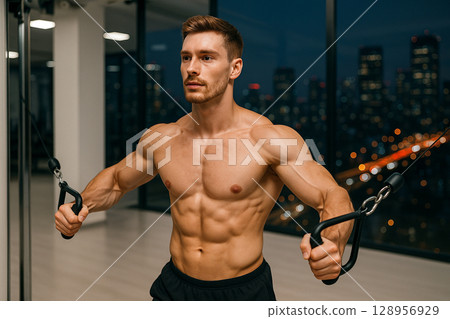 AI generated muscular man training pectoral muscles at night in a bright clean gym with city lights view showing focus strength and determination 128956929