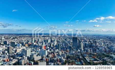 無人機俯瞰藍天背景下的現代城市 128956965