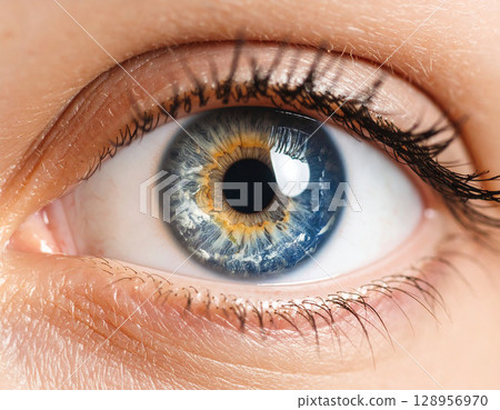 AI generated super macro close-up of a human eye focusing on the retina where a miniature planet floats suspended in the iris with intricate details AI generated super macro close-up of a human eye focusing on the retina where a miniature planet floats suspended in the iris with intricate details 128956970