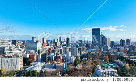 Drone aerial view of modern city against blue sky 128956990