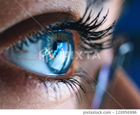 AI generated super macro side angle of a human eye focusing on the retina where a detailed stock market graph is reflected in the pupil AI generated super macro side angle of a human eye focusing on the retina where a detailed stock market graph is reflected in the pupil 128956996