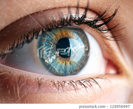 AI generated super macro side angle of a human eye focusing on the retina where a detailed stock market graph is reflected in the pupil 128956997