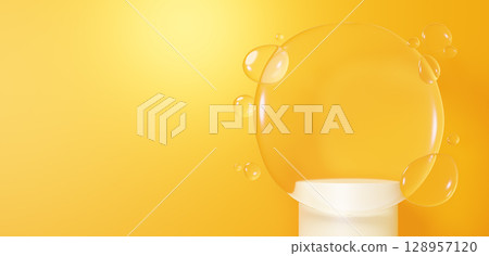 Multiple water droplets and a white pedestal on a yellow background. 3D image. Copy space. (Landscape) Multiple water droplets and a white pedestal on a yellow background. 3D image. Copy space. (Landscape) 128957120